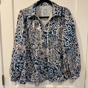 Floral Print Women's Blouse - Blue and White small
